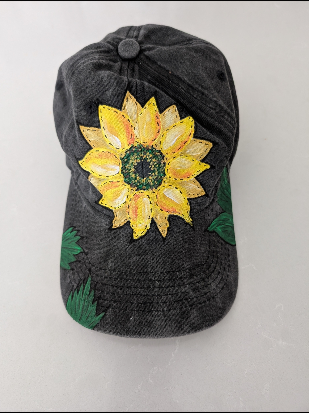 Black Hand-Painted Sunflower Baseball Cap Hat